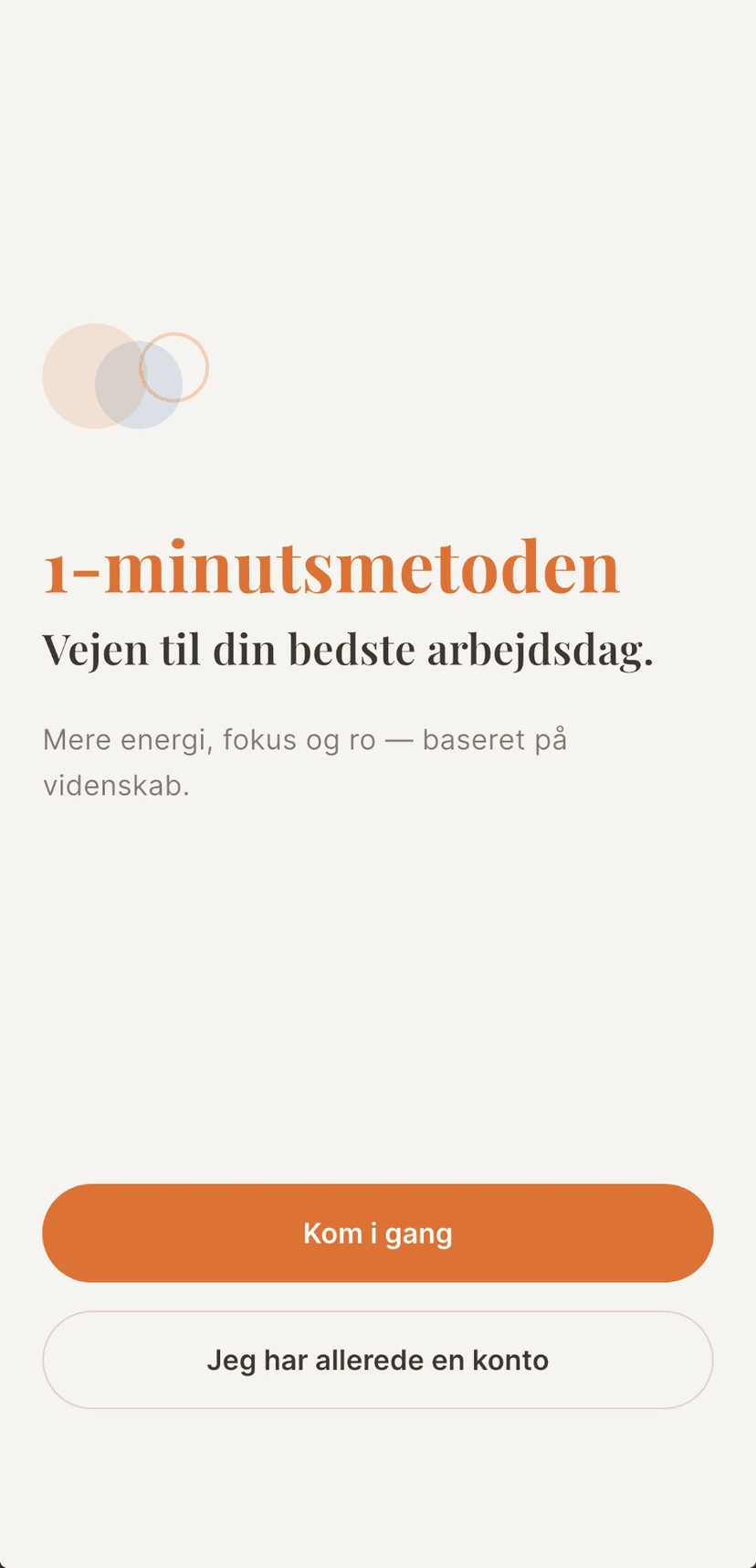 1-minutsmetoden app — Velkomstskærm